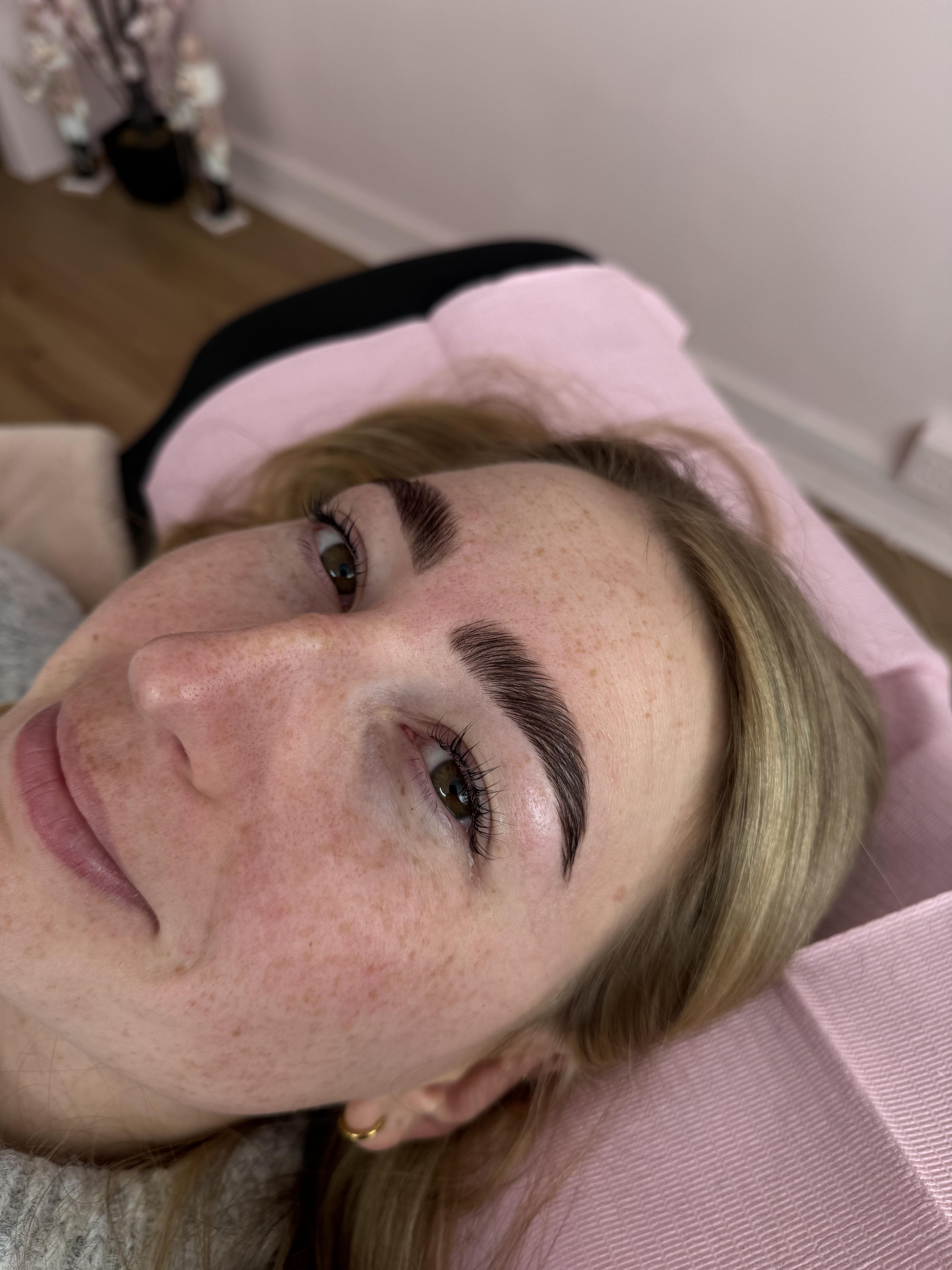Client brow lamination and lash lift — before and after